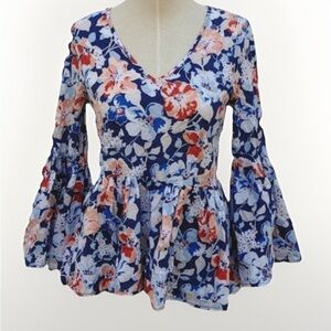 NWT Jane Delancey Boho Bell Sleeve Floral Flower Shirt 100% Cotton Blouse XL